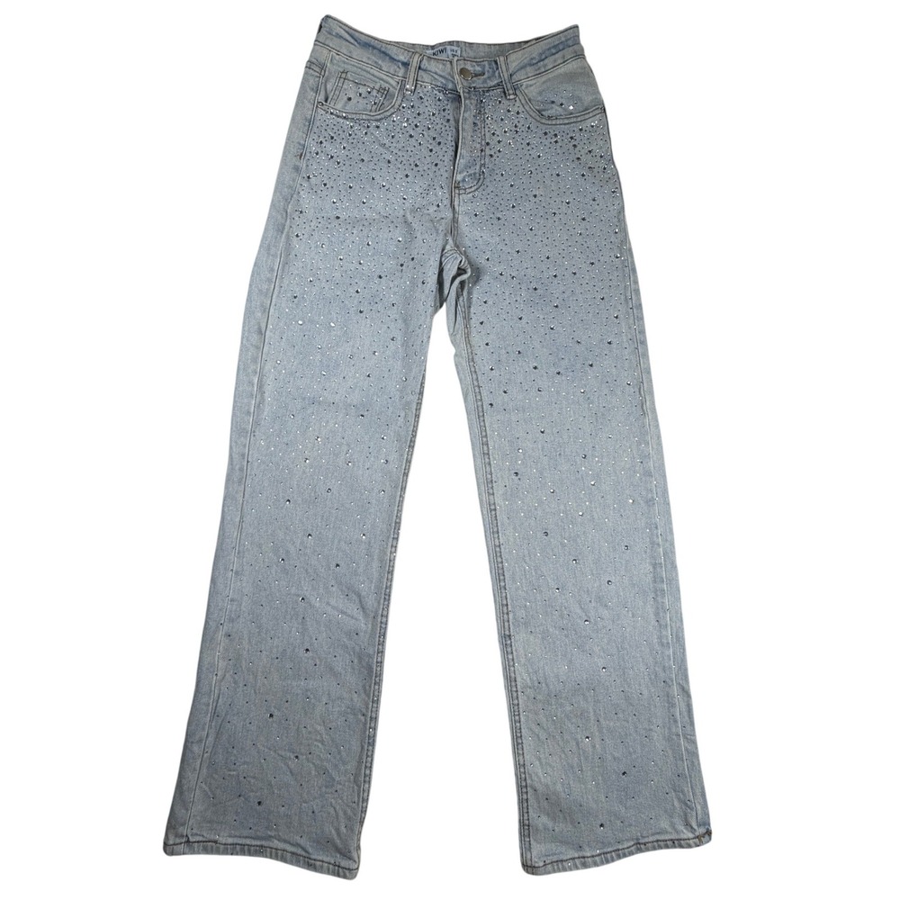 Kiwi Womens Light Wash Rhinestone Embellished High Rise Straight Jeans 26 Small